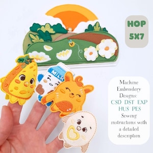 ITH Quiet Book Page Vitamin D & Friends, Finger Puppets Milk Cheese Egg Sun, 5x7 Machine Embroidery Design, Montessori Busy Book Pattern