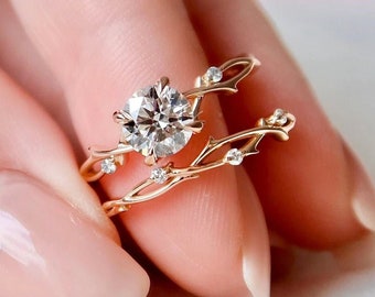 1.6 CT Round Twig Engagement Set, Nature Inspired Diamond Bridal Ring Set, Anniversary Ring, Bridal Ring, Twig Ring, Bridal Set Diamond Ring