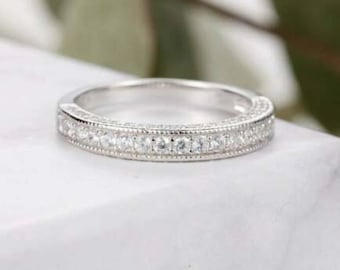 Vintage 0.35Cts Diamond Half Eternity Band, Art Deco Wedding Band Round Cut Simulated Diamonds 925 Sterling Silver Bridal Band, Antique Band