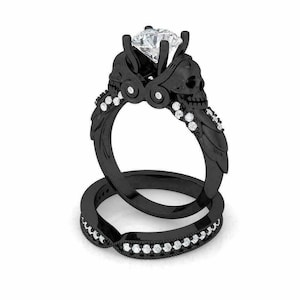 Vintage Skull Moissanite Ring Set: Gothic Sterling Silver Bridal Engagement Ring