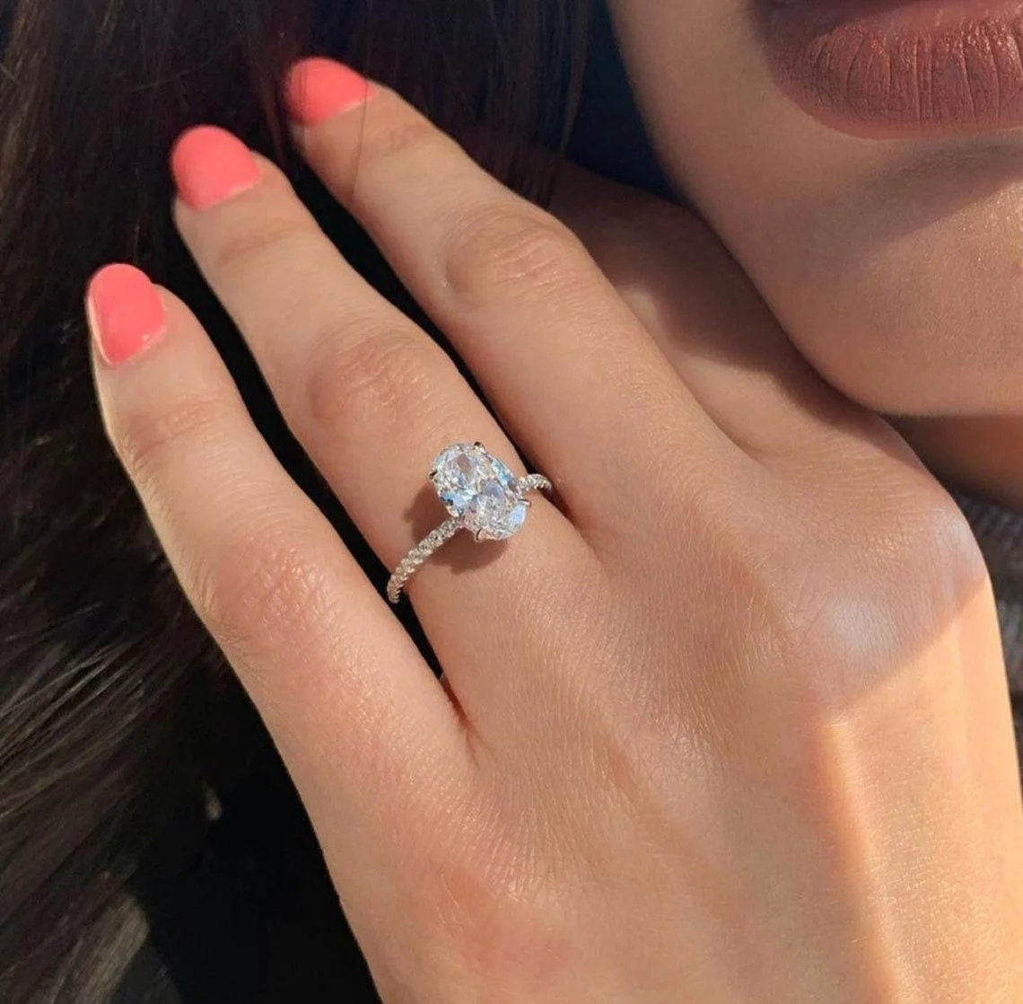Oval Cut Simulated Diamond Engagement Ring: 925 Sterling Silver Hidden Halo  - Etsy