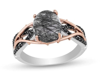 Black Tourmalinated Quartz Ring: Oval Diamond, 925 Sterling Silver