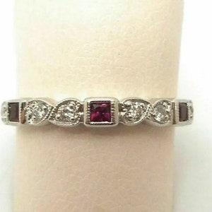 Vintage Retro 1930s Art Deco Diamond & Ruby Wedding Band Ring, Diamond Eternity Ring, Stackable Band Vintage Diamond Band Anniversary Band