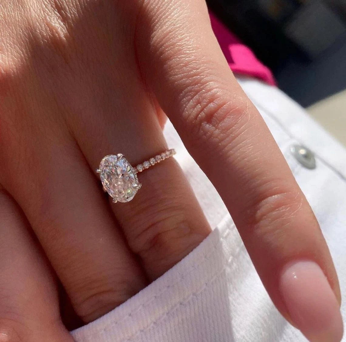 Oval Cut Simulated Diamond Engagement Ring: 925 Sterling Silver Hidden Halo  - Etsy