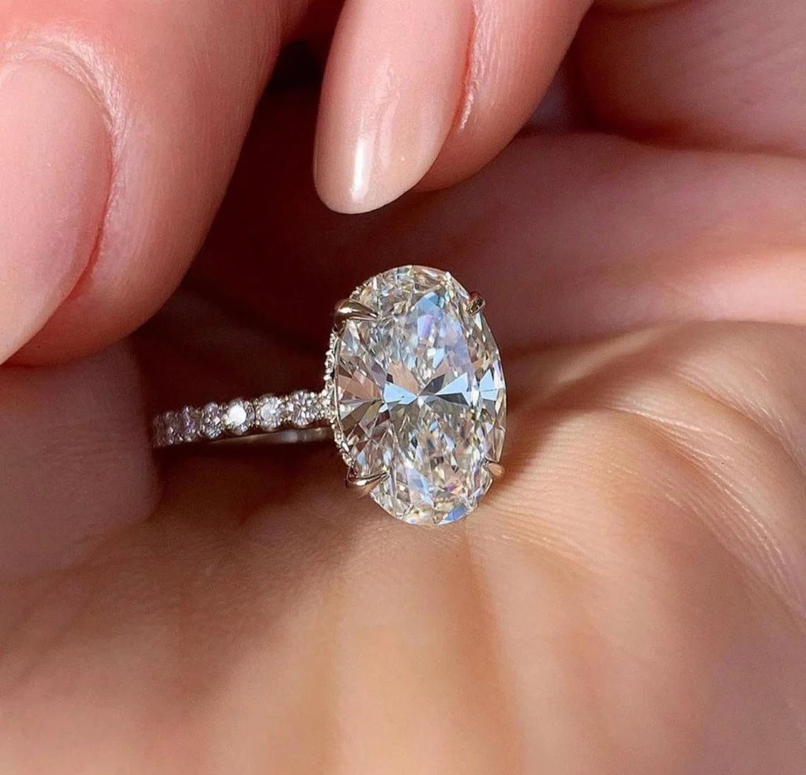 Oval Cut Simulated Diamond Engagement Ring: 925 Sterling Silver Hidden Halo  - Etsy