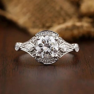 Art Deco Sterling Silver Ring: Round Cut Simulated Diamond, Milgrain Halo