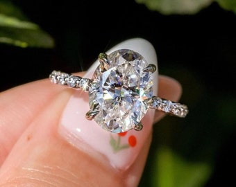 Oval Simulated Diamond Engagement Ring: Sterling Silver Bridal Ring
