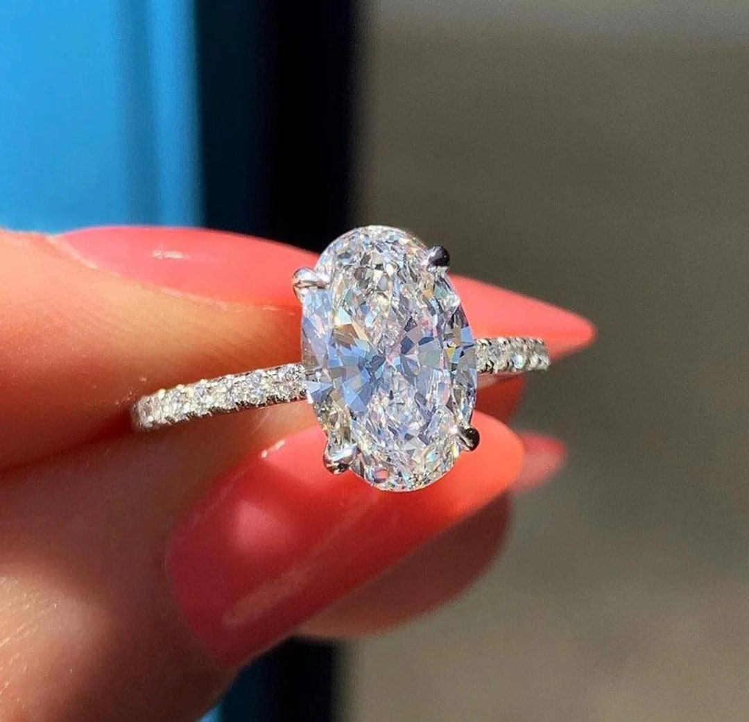 Oval Cut Simulated Diamond Engagement Ring: 925 Sterling Silver Hidden Halo  - Etsy