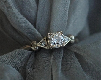 Art Deco Simulated Diamond Engagement Ring, Sterling Silver Vintage Jewelry