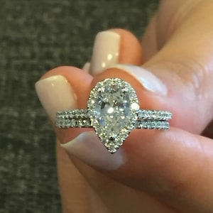 Art Deco Pear Cut Bridal Ring Set: Simulated Diamond, Sterling Silver