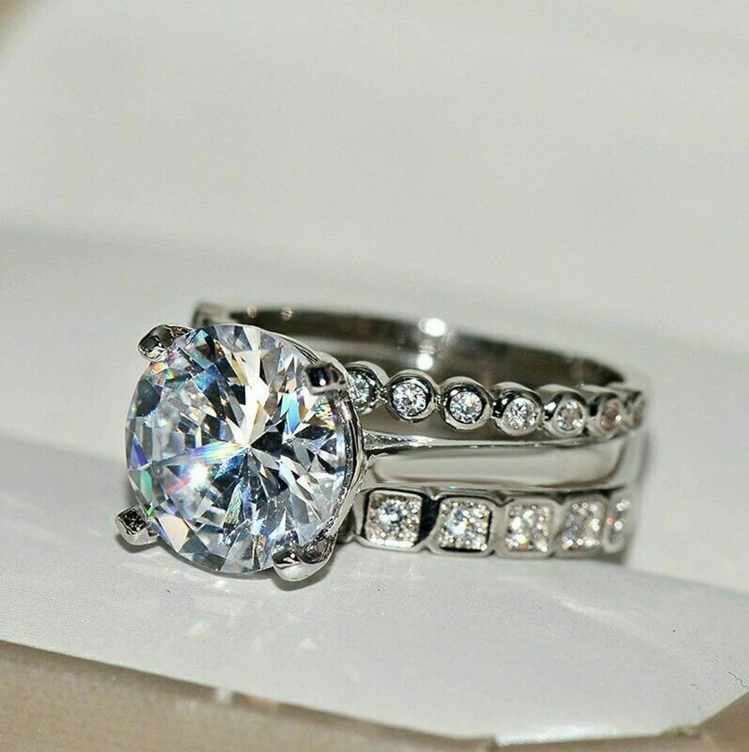 2 CT Big Round Diamond Ring, Solitaire Engagement Trio Ring Set, Unique