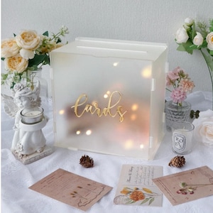 Caja de tarjeta de boda acrílico esmerilado con luz de cadena, caja de tarjeta de regalo grande para graduación de fiesta de recepción de boda