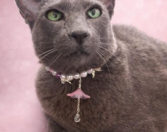 Handmade Pearl Cat Collar: Blush Butterfly, Crystal Flower Charm