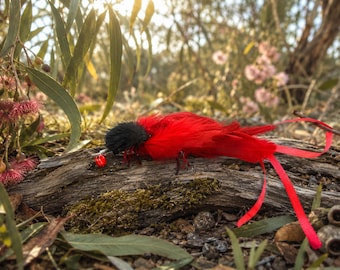Handmade Scarlet Flitterbug Cat Toy, Feathers, Ribbons, Faux Fur