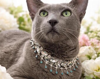 Celestial Cascade Cat Collar – Statement Rhinestone Collar with Blue & Silver Dripping Chain