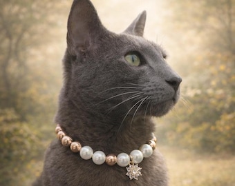 Elegant Pearl Cat Collar | Glass Pearls, Rose Gold Beads, Diamanté Charm (Magnetic Clasp)