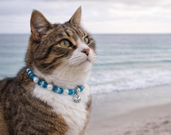 Aqua Crystal & Real Pearl Cat Collar with Charms