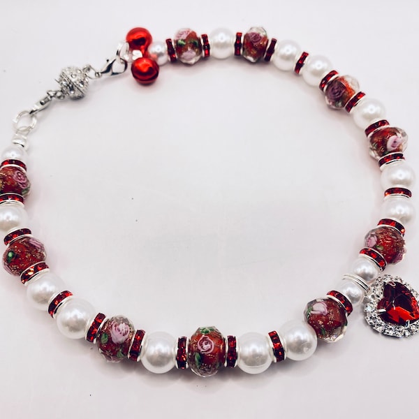 Superbe collier de chat ou de chien en cristal de Murano floral, collier pour animaux de compagnie de perles blanches et de rondelles de strass, collier de chat, collier, collier de chien,