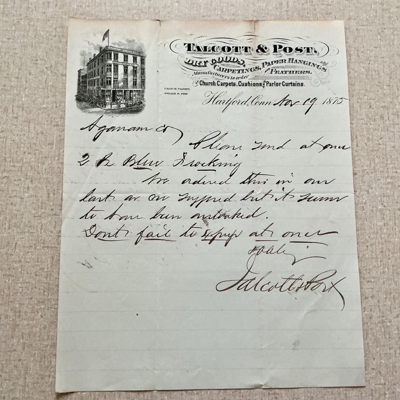 Antique 1875 Advertising Letter Head Talcott & Post Dry Goods ...