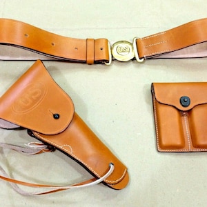 U.S. WW1 / WW2 Officers M1916 Leather Holster, Belt & Magazine Pouch Set HANDCRAFTED