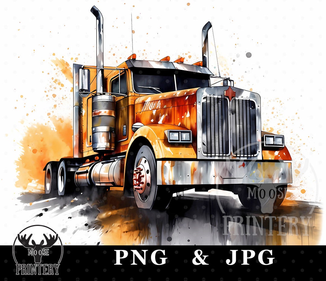 Watercolor Semi Truck Png Sublimation Image, Printable Yellow Truck
