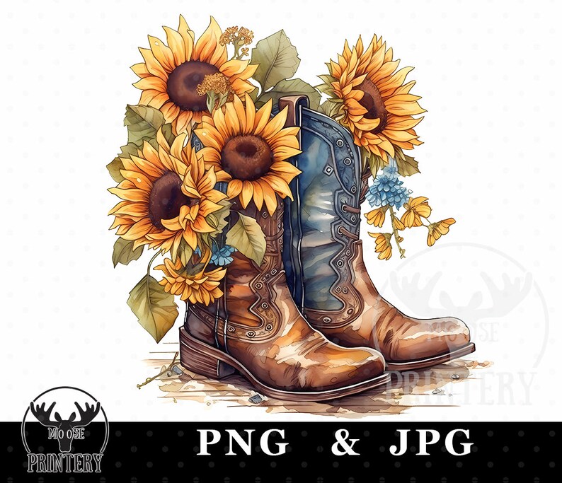 Watercolor Cowgirl Boots and Sunflowers Clipart Sublimation - Etsy