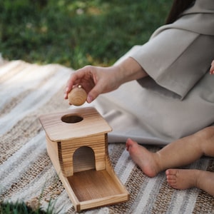May include: A wooden toy house with a sliding door and a small hole in the roof. A child is playing with the toy, dropping a wooden ball through the hole.