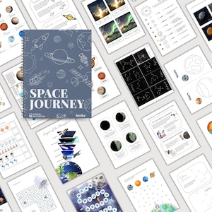 May include: A spiral-bound notebook titled "SPACE JOURNEY" with a blue cover featuring space-themed illustrations. Surrounding the notebook are various educational printables about space, including planets, constellations, and activities.