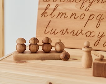 Wooden Mushroom Stacking Toy, Waldorf Educational Gifts For Kids, Montessori Baby Boy