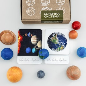 Può includere: Un set di giocattoli educativi sul sistema solare con modelli di pianeti in vari colori, tra cui blu, arancione e marrone. Il set include carte con immagini di pianeti e il testo "The Solar System". È inclusa anche una scatola con il testo "СОНЯЧНА СИСТЕМА".