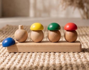 Wooden Mushroom Stacker Toy, Waldorf Baby Sorting Toy, Beech Wood Woodland Play