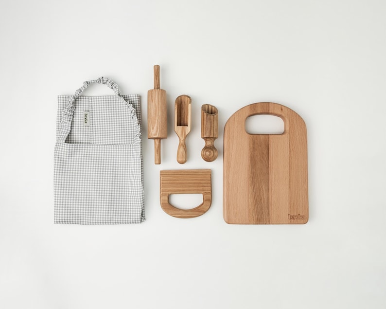 Montessori Kitchen Set - Wooden Cooking Tools for Kids - Safe Knife & Cutting Board 3Y+