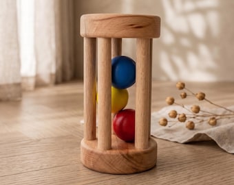Drewniana grzechotka Montessori, zabawka sensoryczna dla niemowląt, prezent na baby shower