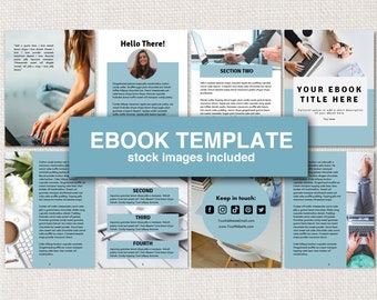 Op de afbeelding: Een blauwe en witte e-book sjabloon met de titel "Uw e-book titel hier" en de tekst "E-BOOK TEMPLATE stockfoto's inbegrepen". De sjabloon bevat secties voor "Hallo!" en "Sectie twee" met voorbeeldtekst. De sjabloon bevat ook een sectie voor "Contact houden" met social media-pictogrammen en een website-adres.