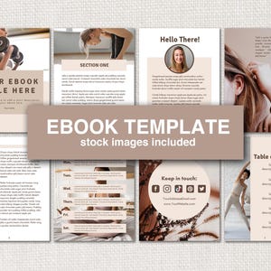 Pode incluir: Um modelo de ebook com imagens de stock incluídas. O design apresenta uma paleta de cores neutras com imagens de mulheres se exercitando e espaços reservados para texto. A página de título diz "YOUR EBOOK TITLE HERE".