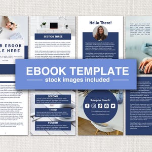 Puede incluir: Una plantilla de ebook azul y blanca con secciones para un título, una introducción e información de contacto. La plantilla incluye imágenes de archivo. El texto de la imagen dice "EBOOK TEMPLATE stock images included".