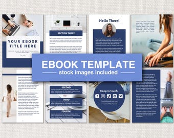 May include: An ebook template with a blue and white design. The template includes sections for a title, introduction, and contact information. Stock images are included. The text in the image says "EBOOK TEMPLATE stock images included".