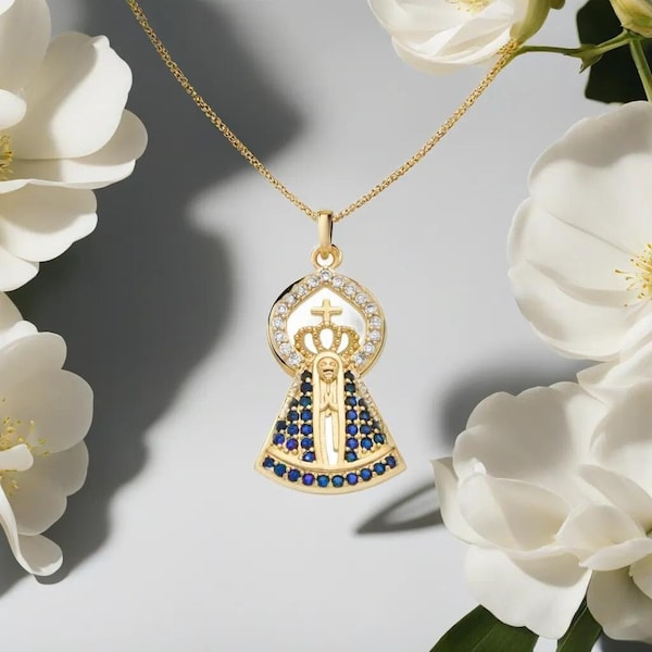 14k Gold Plated Virgin Mary Our Lady of the Valley Pendant White & Sapphire Blue Cubic Zirconia Religious Jewelry Gift