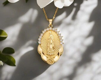 14k Gold Plated Our Lady of Guadalupe Oval Necklace, Religious Pendant ...