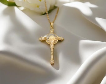 14K Gold Plated Crucifix Pendant Necklace with Cubic Zirconia Halo – Elegant Catholic Faith Jewelry Gift for Women