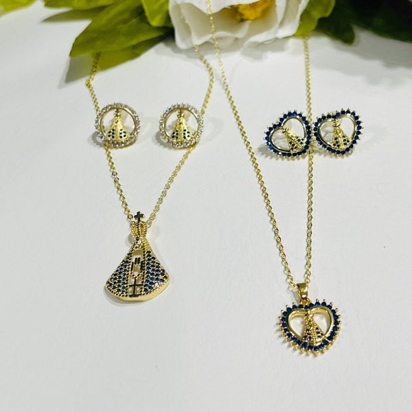 18K Gold Plated Virgin Mary Religious Pendant Matching Earrings Our Lady of Charity Faith Jewelry Set Virgen Caridad del Cobre Gift for Her