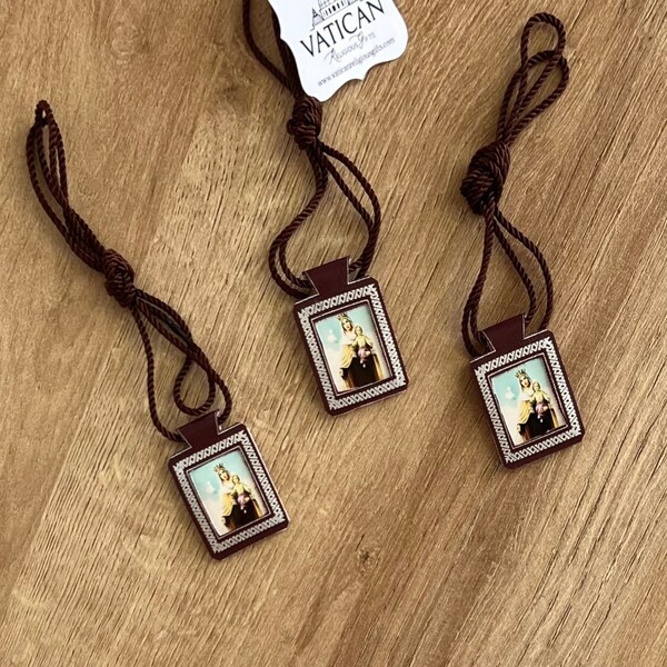 Our Lady of Mt Carmel Leather Scapular Catholic Sacramental Necklace Brown Leather Handcrafted Devotional Religious Gift Holy Virgin Mary