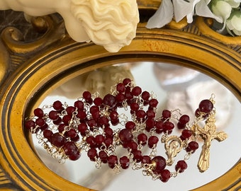 Red Agate & Czech Crystal Rosary - Catholic Prayer Beads, 18K Gold Plated, Natural Stone Rosary, Handcrafted Faith Jewelry, Catholic Gift