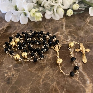 Artisan Rosary with Hematite Gemstones and Black Czech Crystals Catholic Jewelry Gifts Natural Stones 18K Gold Plated Crucifix & Centerpiece