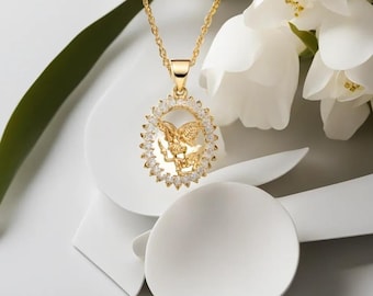 14k Gold Plated St Michael Pendant Necklace AAA Cubic Zirconia Religious Jewelry St Michael Gold Protection Necklace Guardian Angel Gift