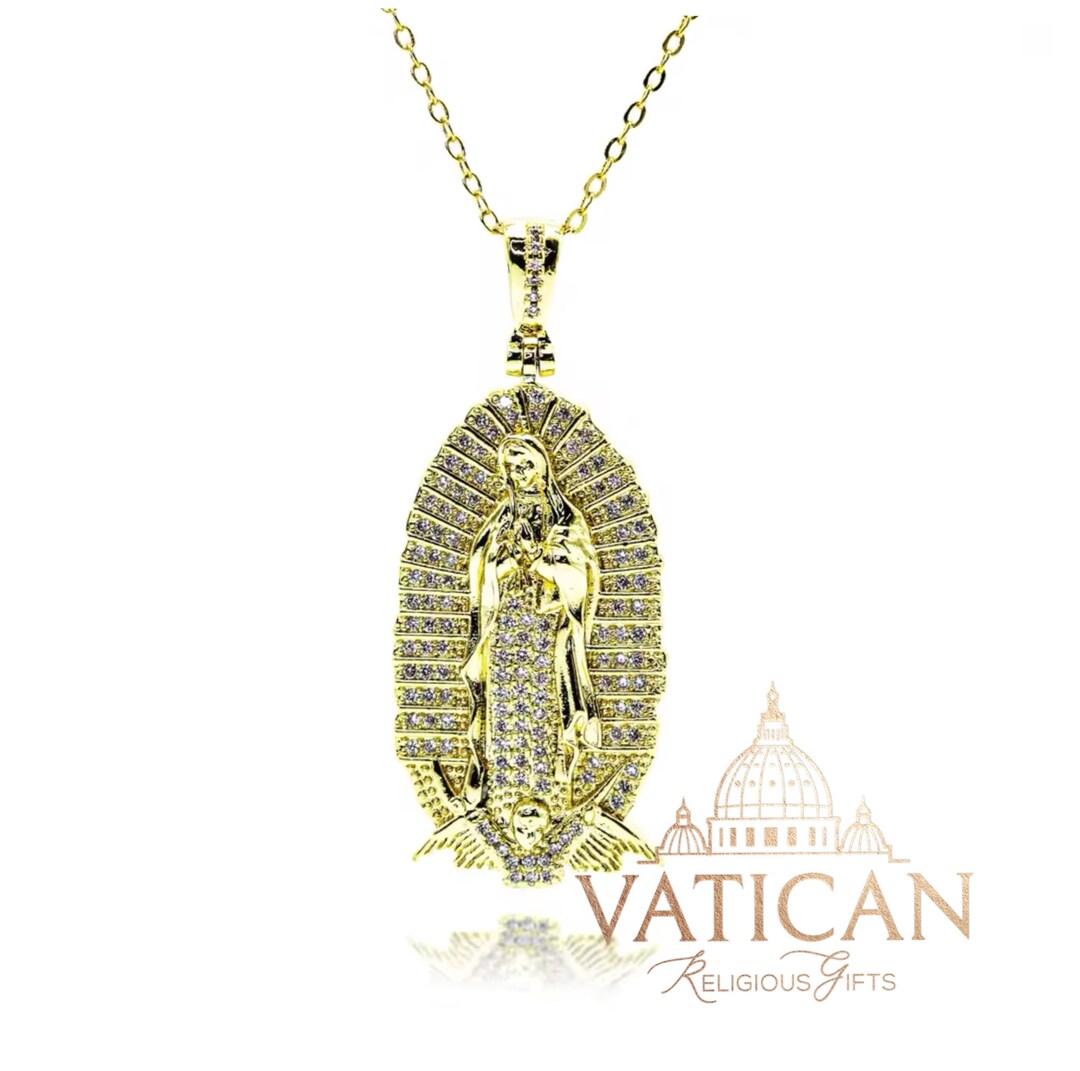 Large Our Lady of Guadalupe Necklace Iced Out CZ Pendant, Gold Catholic ...