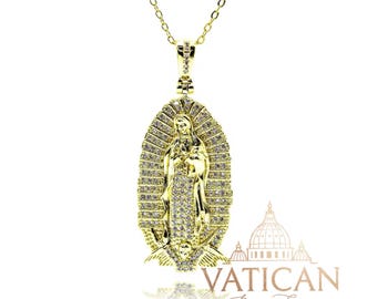 Large Our Lady of Guadalupe Necklace Iced Out CZ Pendant, Gold Catholic Statement Jewelry, Virgin Mary Necklace Faith Gift for Women