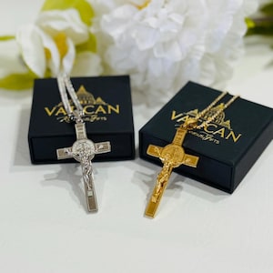 St. Benedict Crucifix Necklace for Men | 14K Gold or Silver Stainless Steel Cross | Catholic Father’s Day Gift with Chain