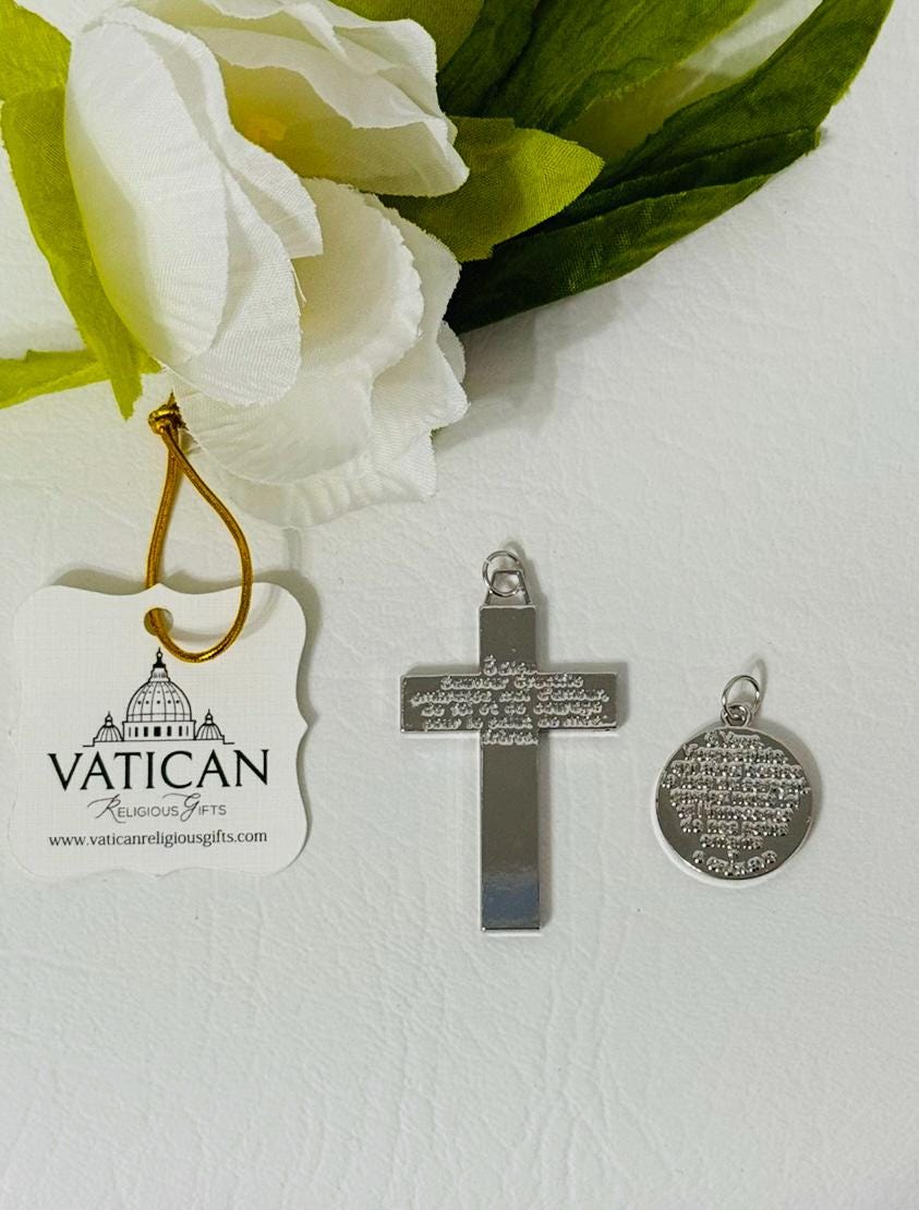 Croix De Pardon Acier Inoxydable - Pendentif Protection, Flamme émail Blanc, 47x28 Mm