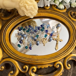 Handcrafted Blue Marian Bridal Rosary - Wedding Prayer Beads, Blue Pearl Nacre, Gold Crucifix, Heirloom Quality